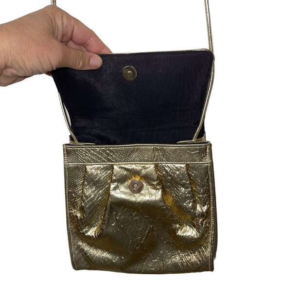 Vintage Womens Crossbody Shoulder Bag One Size Gold Snake Embossed Leather Snap - Picture 3 of 10